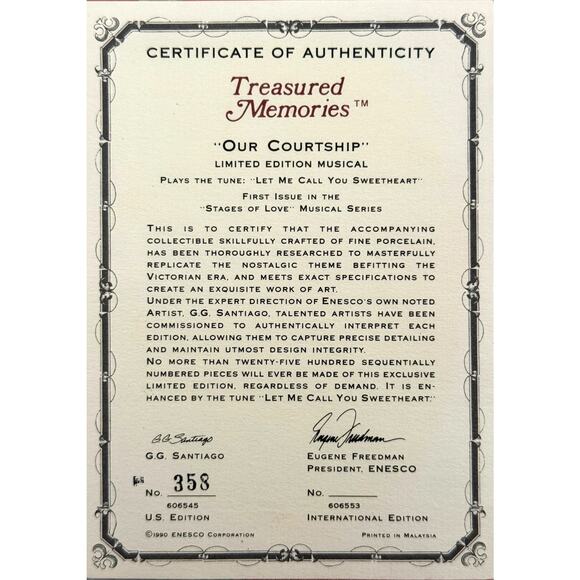 Enesco Treasured Memories Our Courtship 1st in Stages of Love Musical Series COA - Picture 4 of 10
